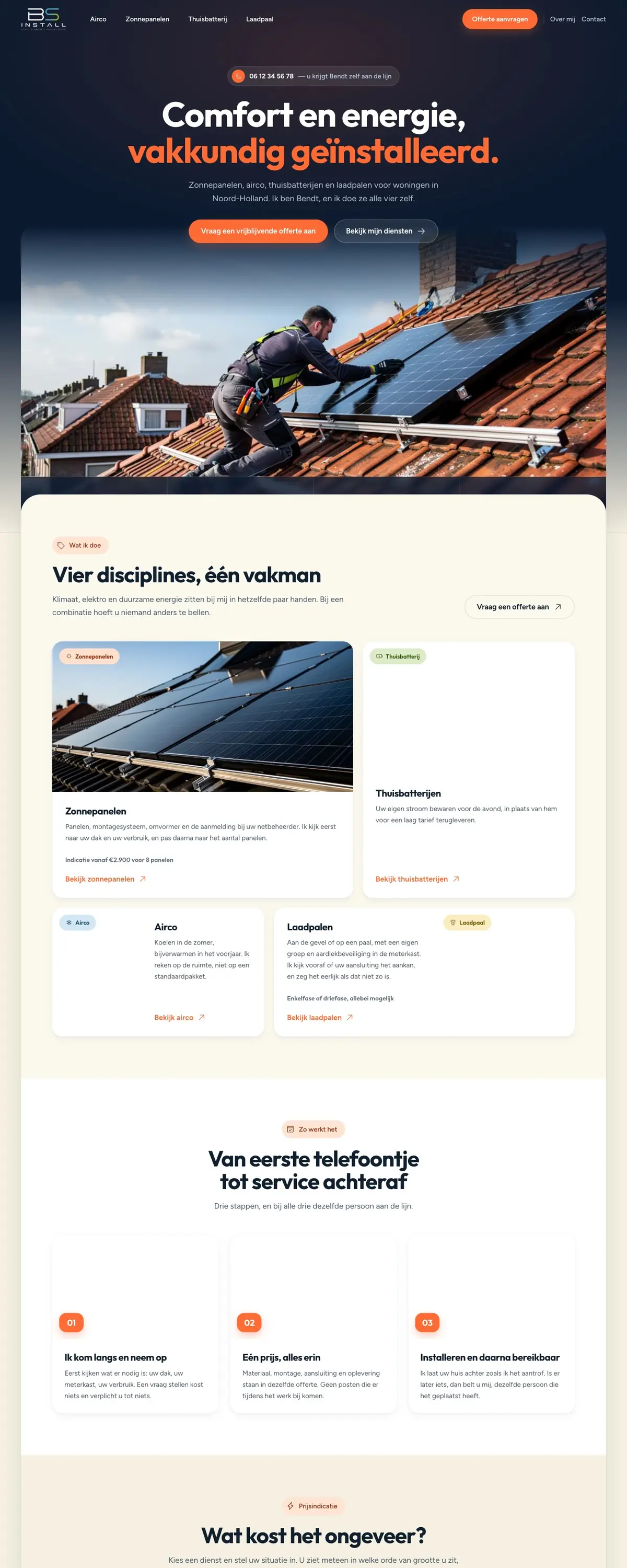 De homepage van bs-install.nl op desktop