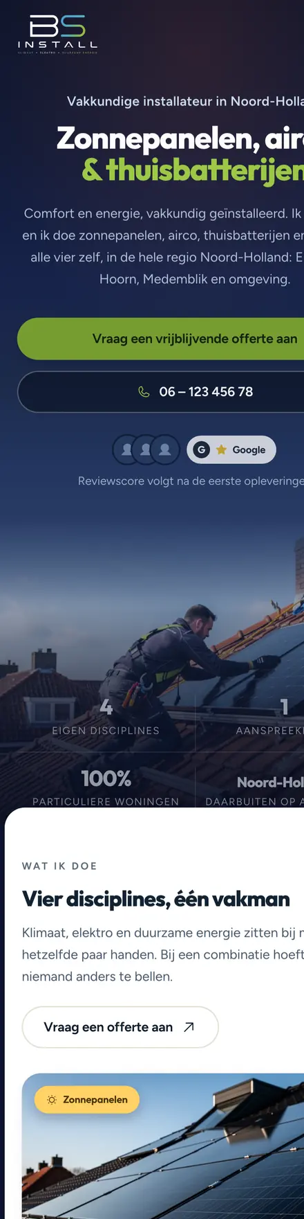 De homepage van bs-install.nl op een telefoon