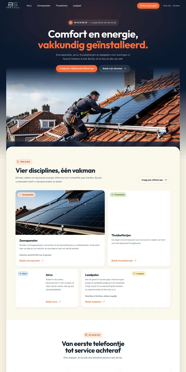 De homepage van BS Install, scrollend in een browservenster